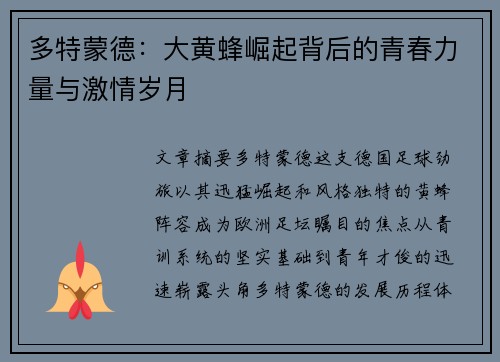 多特蒙德：大黄蜂崛起背后的青春力量与激情岁月
