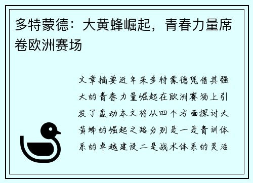 多特蒙德：大黄蜂崛起，青春力量席卷欧洲赛场