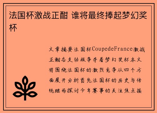 法国杯激战正酣 谁将最终捧起梦幻奖杯